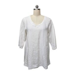 Flax White 100% Linen V-Neck Tunic Top 3/4 Sleeve Size P Petite Small Lagenlook